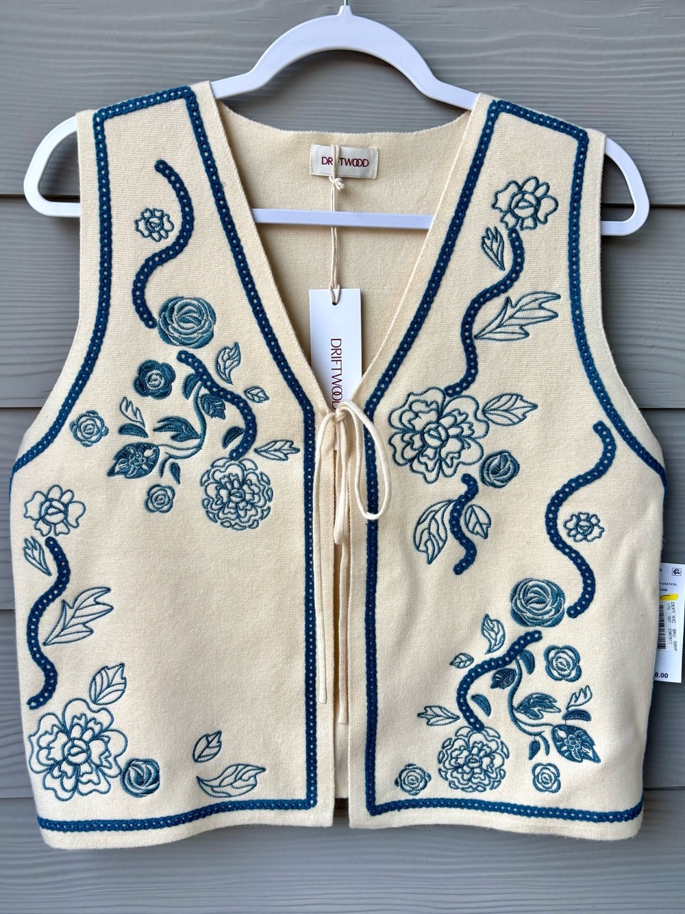 Driftwood NWT Embroidered Floral Tie Front Vest Boho Cottagecore